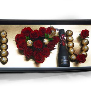 Rectangular box of roses with one bottle of wine